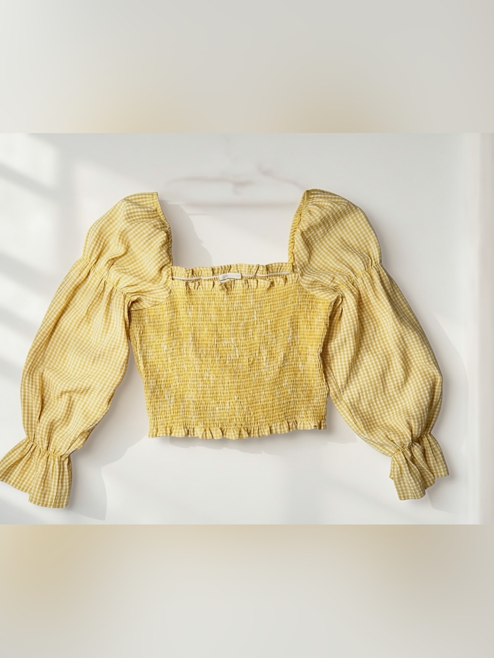 Urban Outfitters Yellow Gingham Smocked Puff Sleeve Crop Top |Small| Cottagecore - Picture 2 of 5